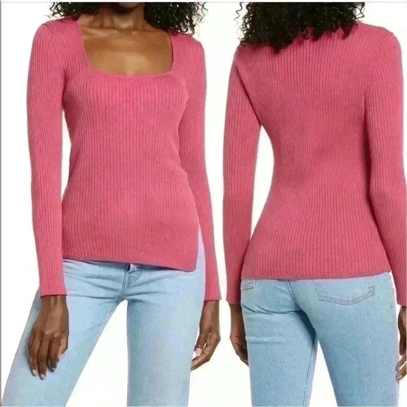 Open Edit Rib Scoop Neck Sweater in Pink Malaga Size XXS NWT - Picture 2 of 8